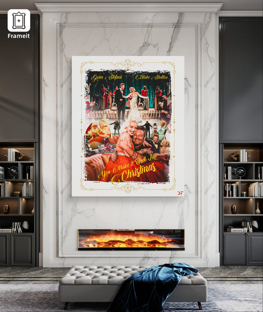 Digital Christmas poster featuring Gwen Stefani and Blake Shelton from the "You Make It Feel Like Christmas" music video – festive red and green colors.